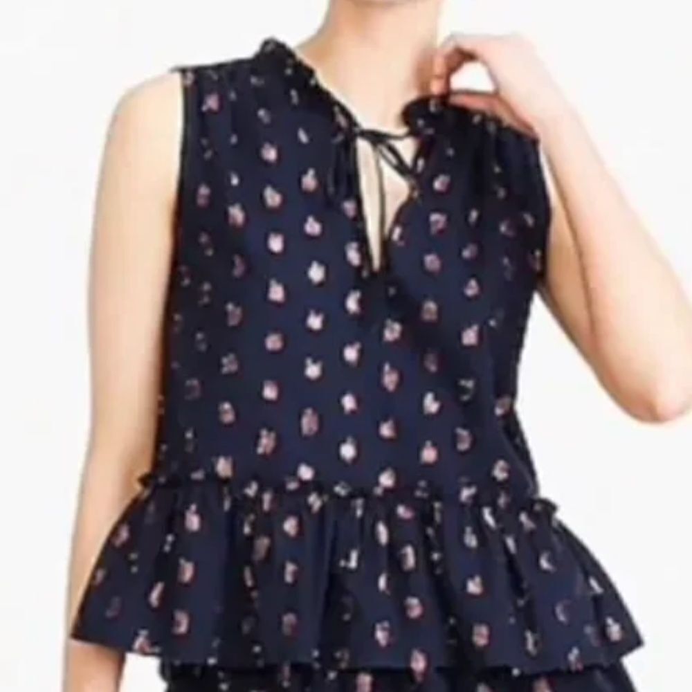 J. Crew Blue Peplum Sleeveless Blouse w Rose Gold Dots V Neck Career XS